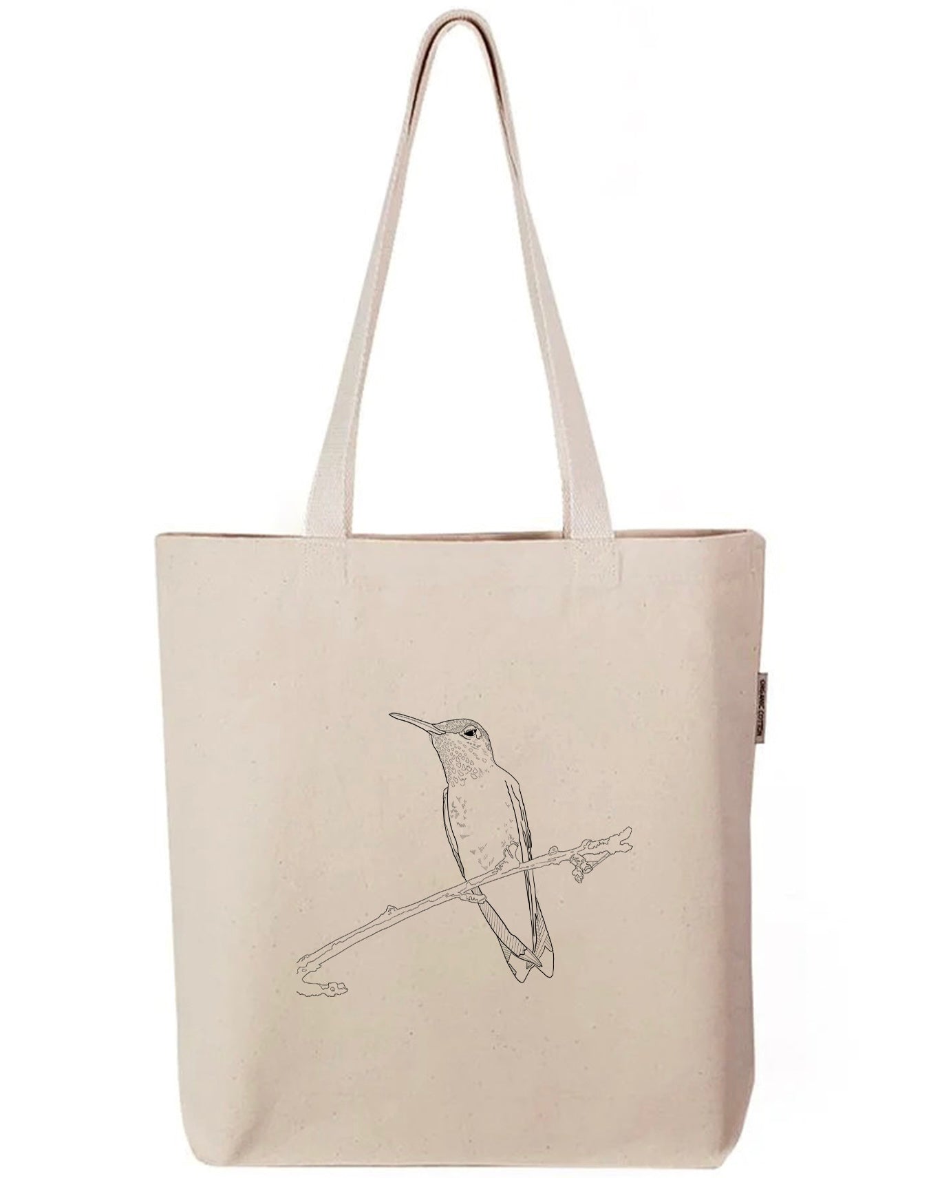 Organic cotton canvas tote bag with a printed drawing of a hummingbird.